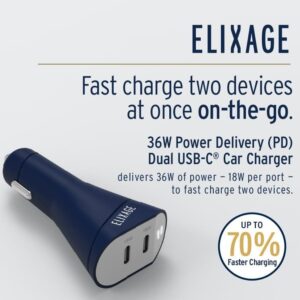 Elixage 36W PD Dual Port USB-C Car Charger - Blue - Image 4