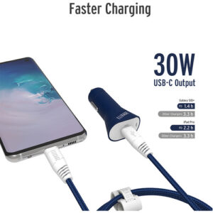 Elixage 30W PD USB-C Car Charger wtih 4 FT USB-C Cable - Blue - Image 5