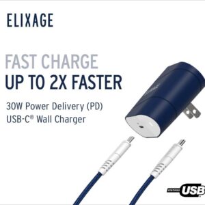 Elixage 30W PD USB-C Wall Charger wtih 6 FT USB-C Cable - Blue - Image 5