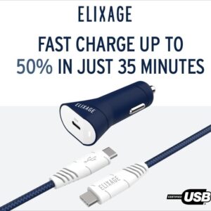 Elixage 30W PD USB-C Car Charger wtih 4 FT USB-C Cable - Blue - Image 7